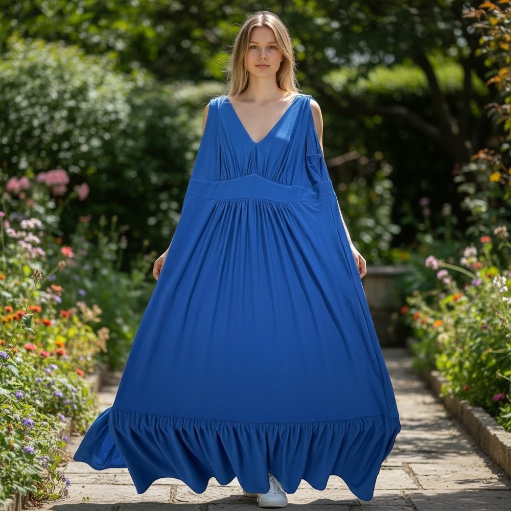 Travel Smith Maxi Dress Women L Blue Empire Waist V-Neck Ruffle Stretch Travel